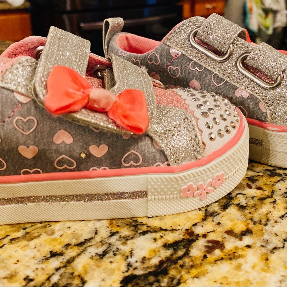 Skechers Gray and Pink Sneakers with Velcro and Bow